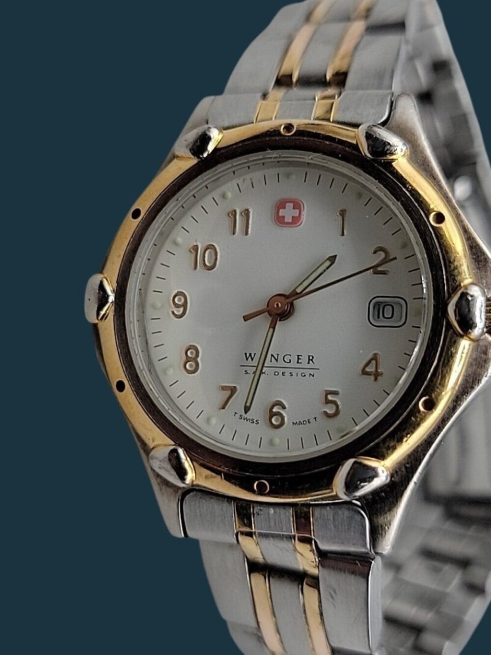 Vtg Wenger SAK Design Ladies Watch Two Tone Date White Dial 100M Water Res 29mm - Picture 12 of 15